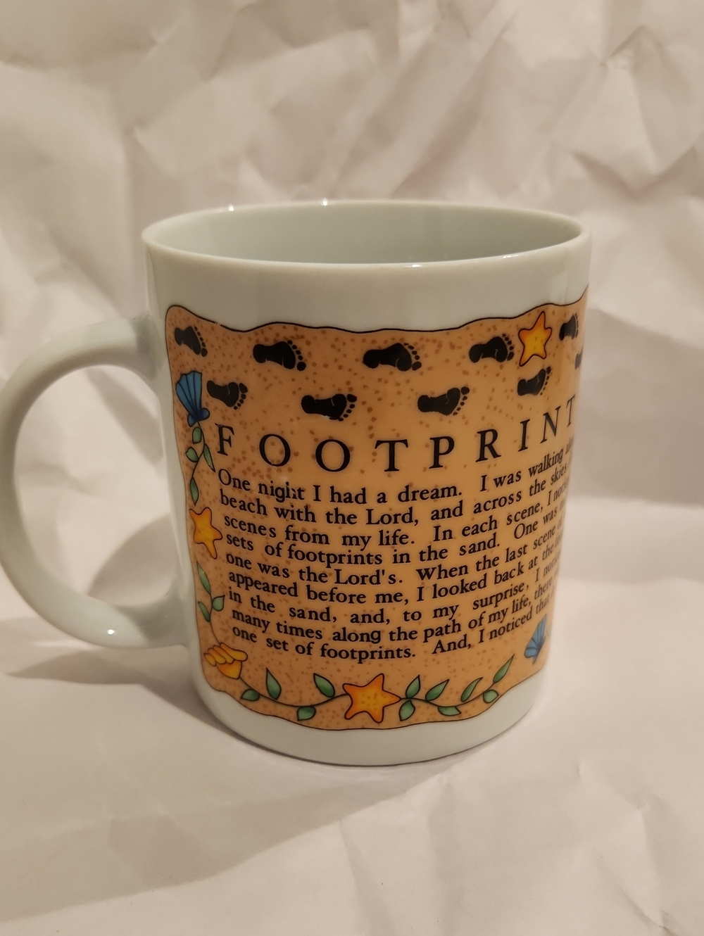 Vintage 1993 ceramic coffee mug from Bob Siemon Designs, Footprints In The Sand